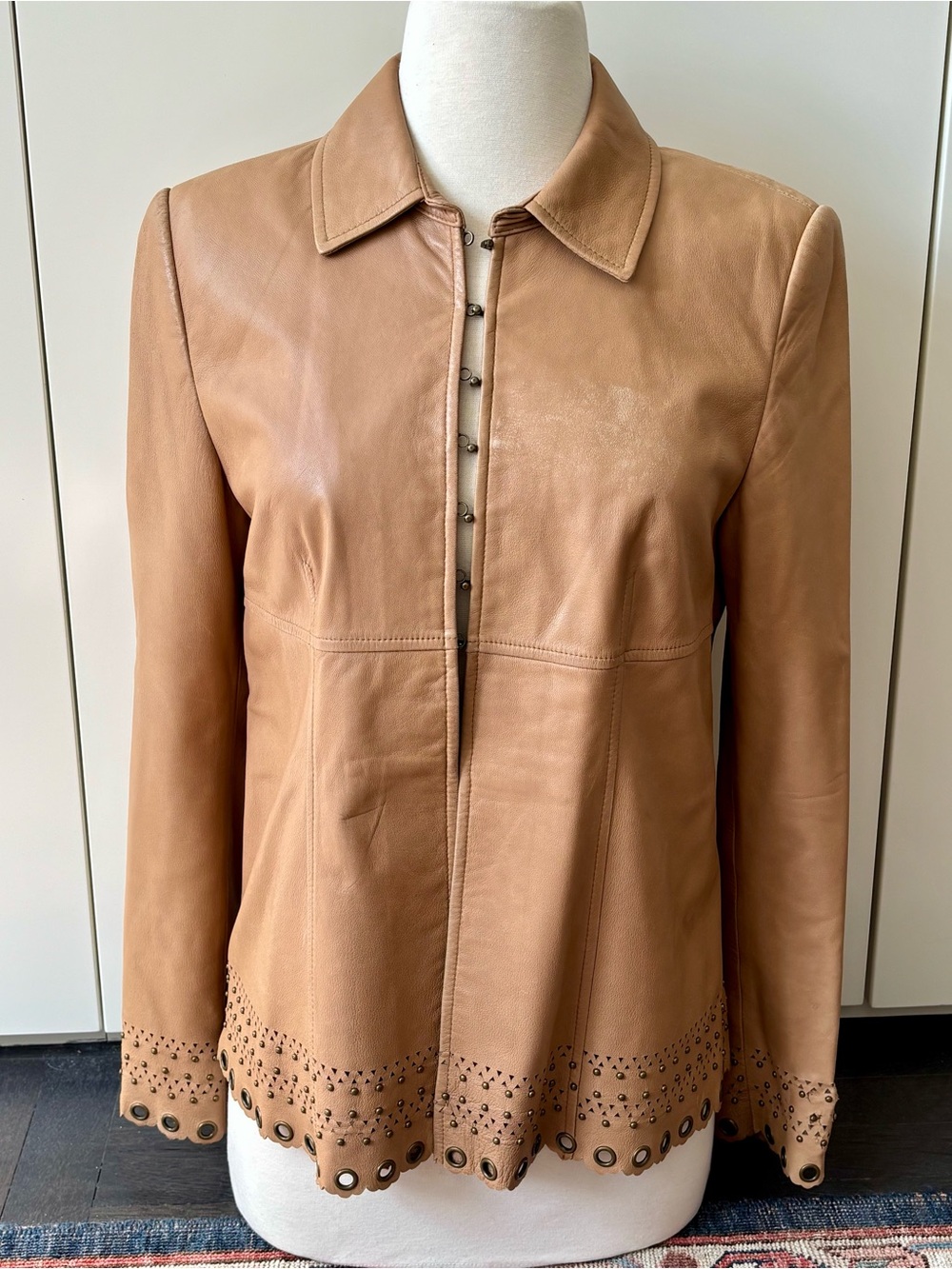 David Meister Soft Leather Jacket - Grommets, Studs, Laser-Cut Hem Size 6